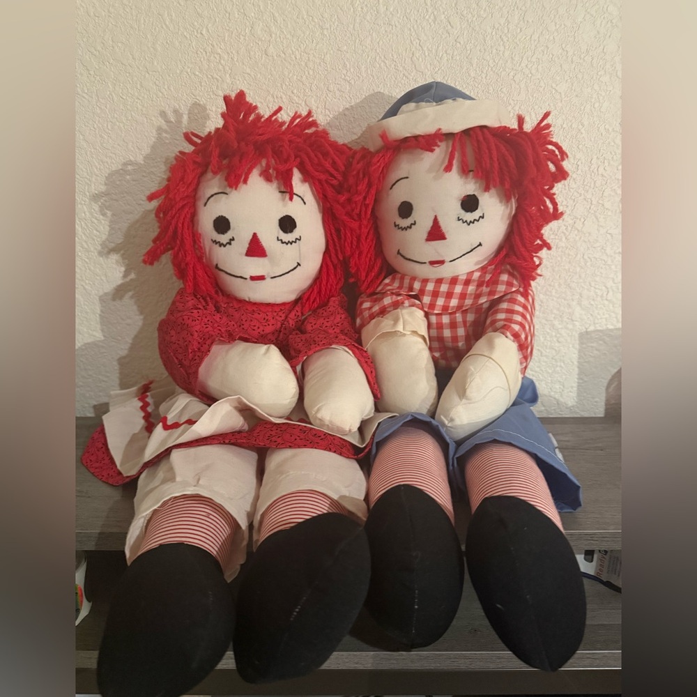 Vintage Raggedy Ann & Andy Cloth Dolls Set Red Yarn Hair Farmhouse Decor